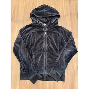Juicy Couture Black Velour Zip Up Hoodie Rhinestone J Pull Y2K Size M